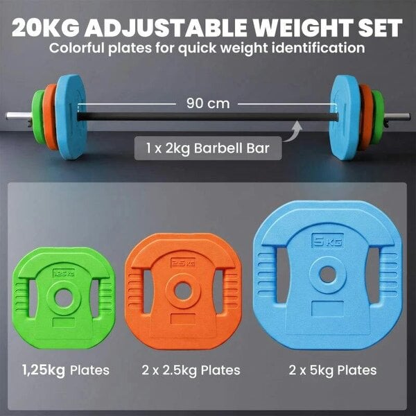 20 kg Adjustable Barbell Weights Set, Barbell Bar with Weight Plates, Non-slip Handle, Multicolour