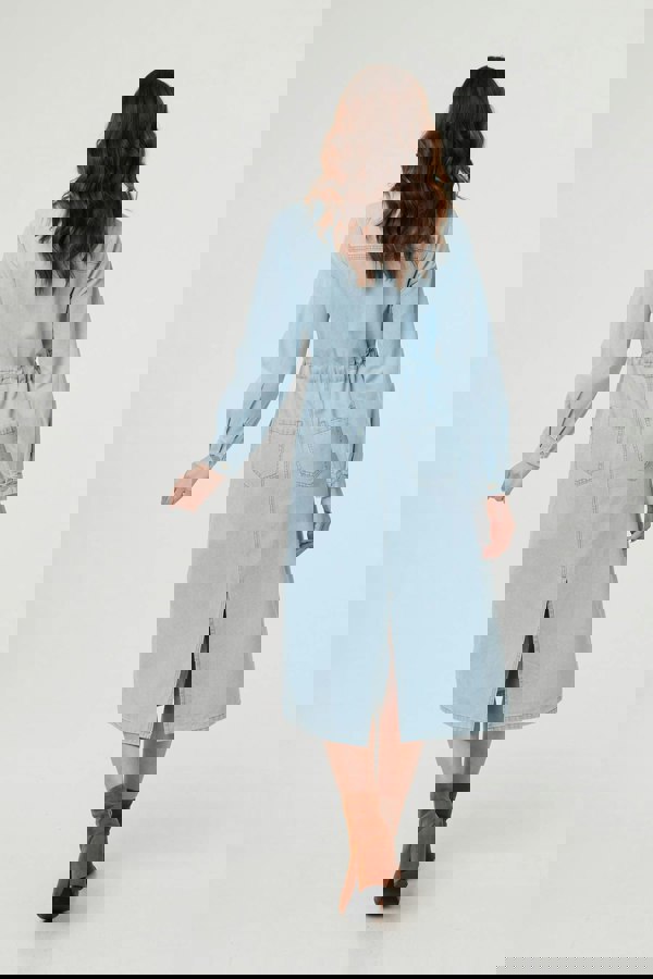 Blue | Denim Tie Waist Long Sleeve Midi Dress
