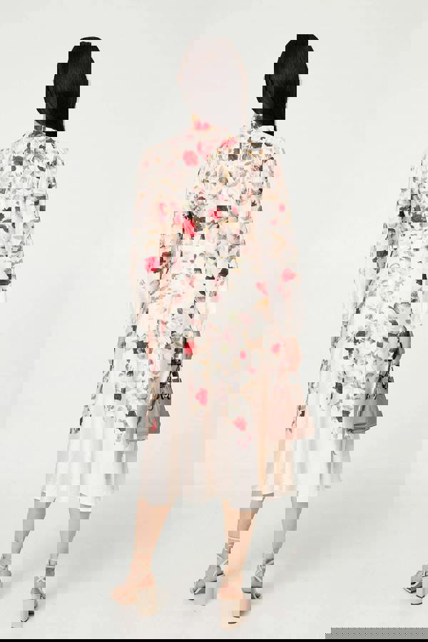 White | Floral Tie Waist Long Sleeve Midi Dress