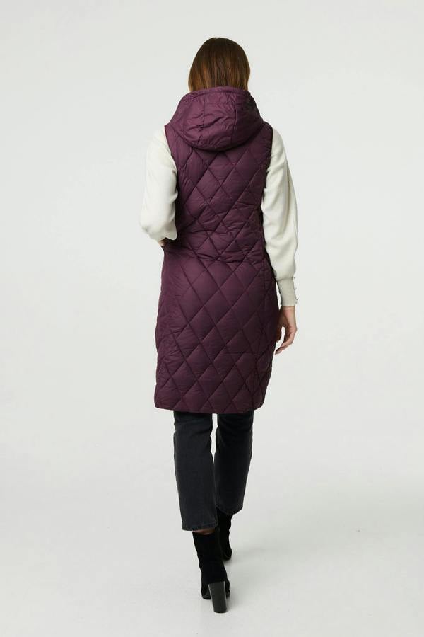 Red | Hooded Sleeveless Longline Puffer Gilet
