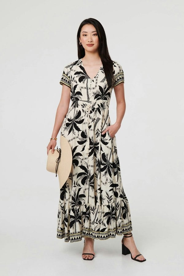 Black | Leaf Print Short Sleeve Maxi Smock Dress
