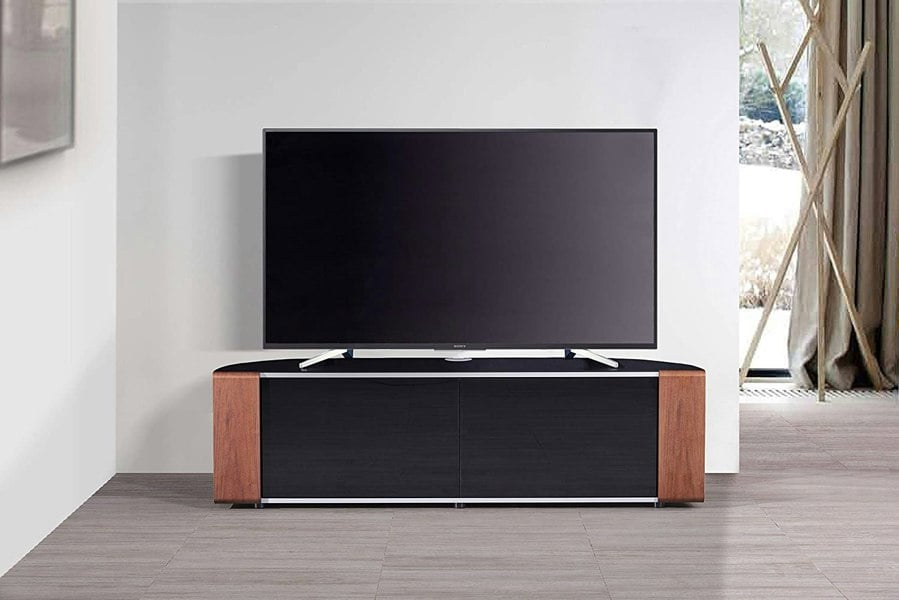 MDA Designs Sirius 1600 TV Cabinet Gloss Black Stand with BEAMTHRU Remote-Friendly Glass Door, Walnut/Oak Trims for TVs up to 70” TV