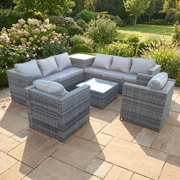 Fimous Dark Mixed Grey Outdoor Rattan Garden Furniture Set Corner Sofa 2 Tables With 2 Chairs