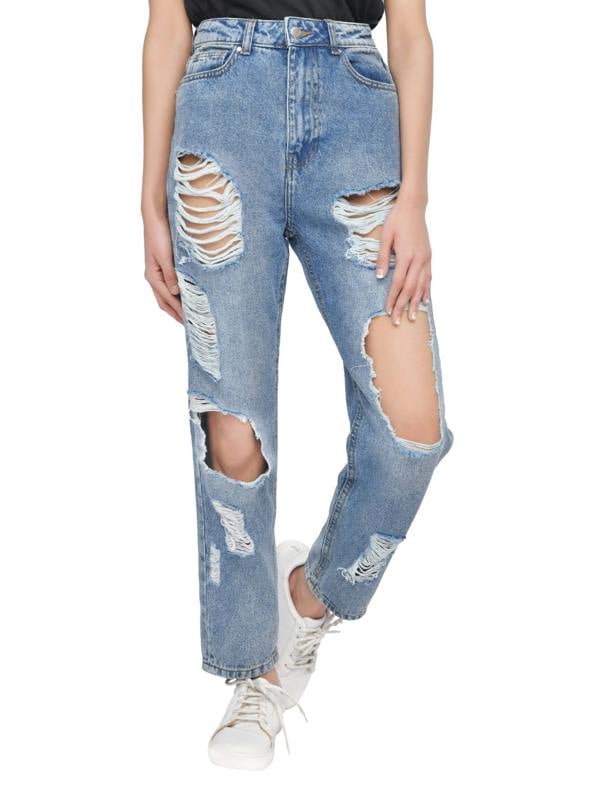 Smart Living Women's High-Waist Multi-Rip Mom Jeans - Mid Wash