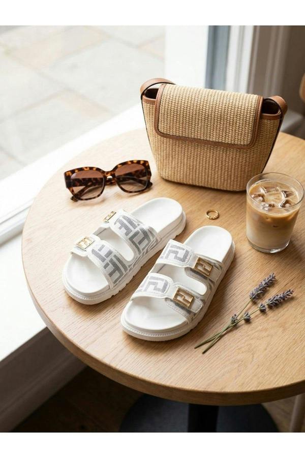 Willow Patterned Buckle Sandals - White