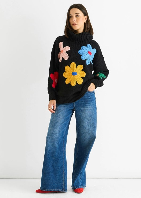 Gini London Black Floral Design High Neck Jumper