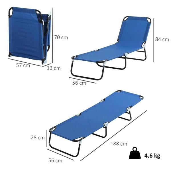 Blue folding chaise lounge chair with 5-position backrest and black frame