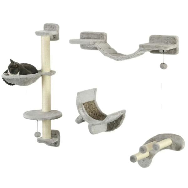 Grey wall-mounted cat tree set: sisal posts, felt platforms, hammock and steps with toys