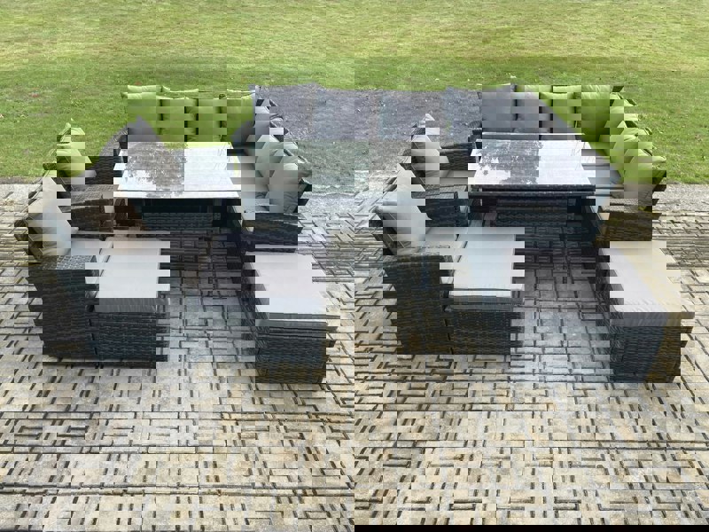 Fimous 10 Seater Garden Rattan Furniture Corner Sofa Dining Table Chair Set with 2 Big Footstool 2 Armchairs Indoor Outdoor Lounge Sofa Set