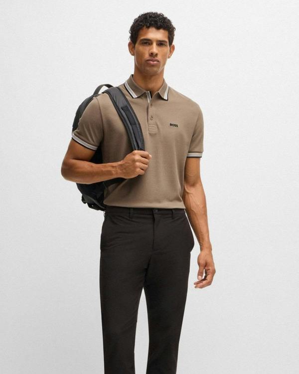 BOSS Green Paddy Mens Cotton-Piqué Polo Shirt with Contrast Logo - Light Brown 336 - CHO - Designer Mens Short Sleeve Polo Shirts
