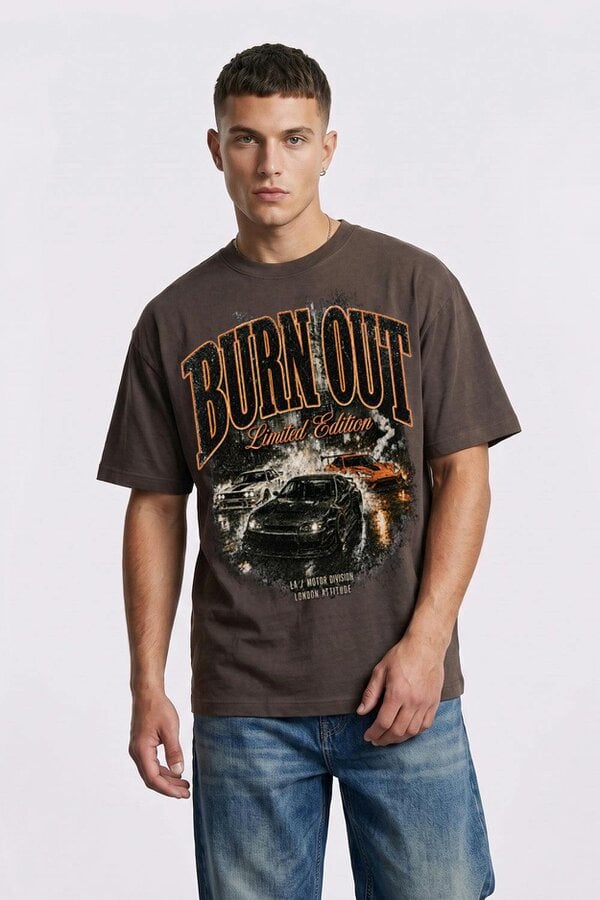 London Attitude Burn Out Limited Edition Oversized Heavyweight Graphic T-Shirt - Dark Chocolate