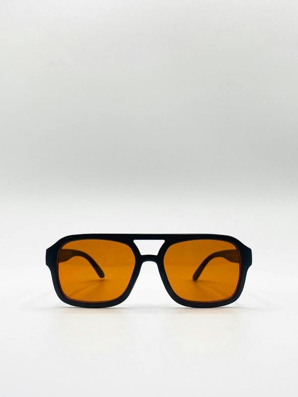 70's Navigator Sunglasses In Black With Orange Lenses - svnx