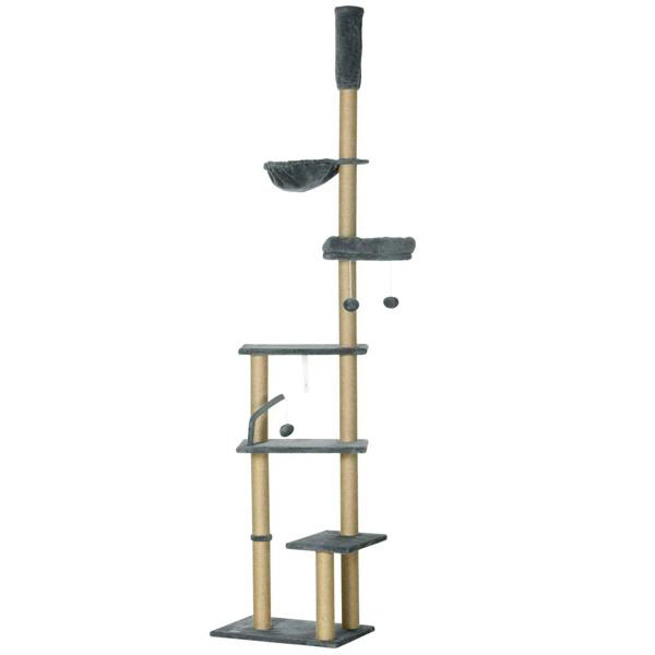 Grey floor-to-ceiling cat tree tower with stacked platforms, perches, and plush posts