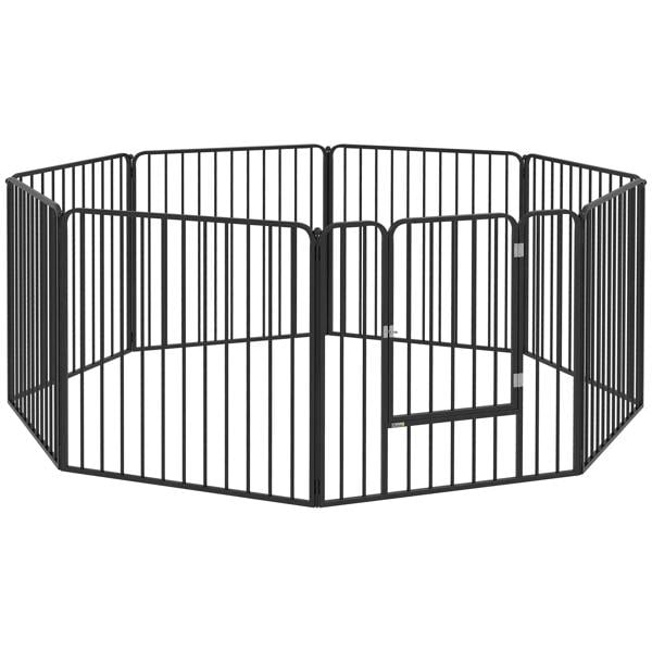Black 8-panel heavy-duty dog pen with double-door panel section, freestanding design