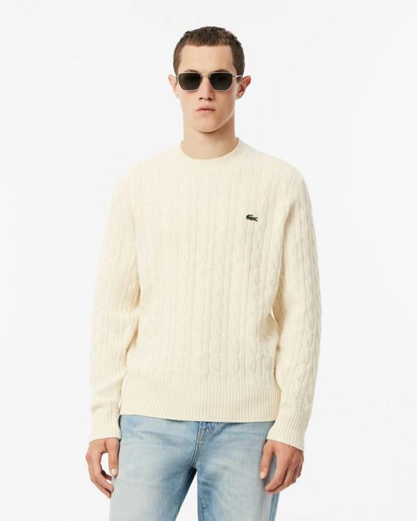 Lacoste Carded Wool Cable Knit Crew Neck Mens Sweater - Lapland XFJ - CHO - Designer Mens Jumpers