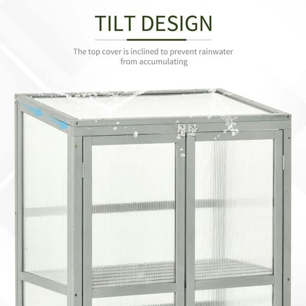 Cold frame greenhouse with tilted top cover to help shed rain from the glazing