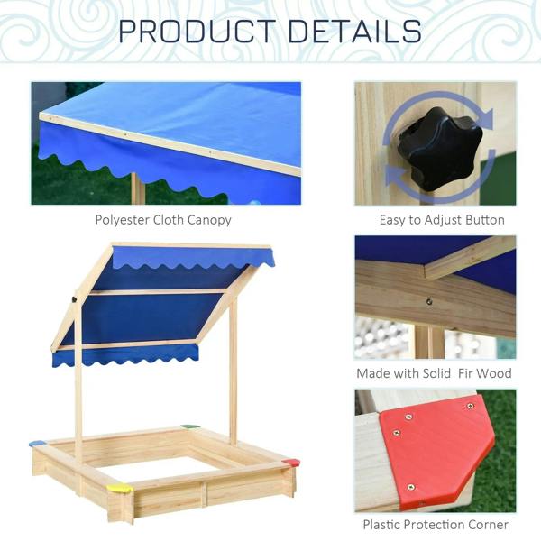 Kids wooden sand pit with blue polyester canopy, fir-wood frame, and corner protectors