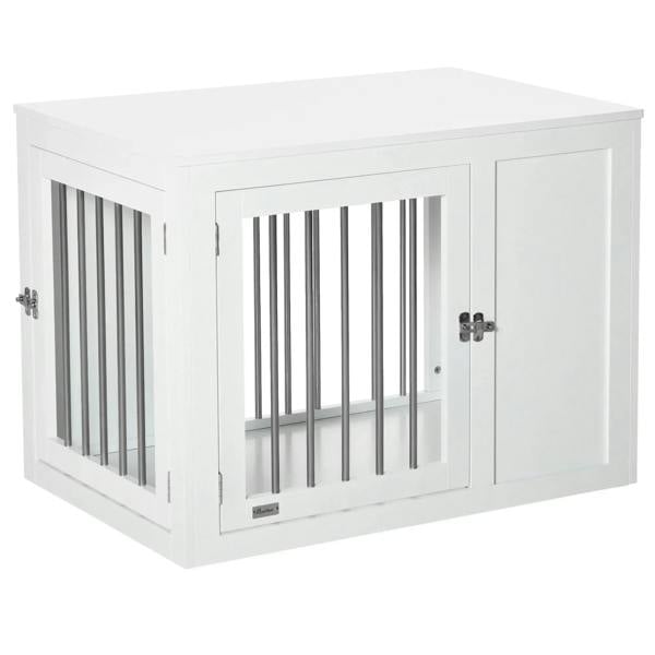 White 2-in-1 dog cage and side table with metal-bar front and two lockable doors