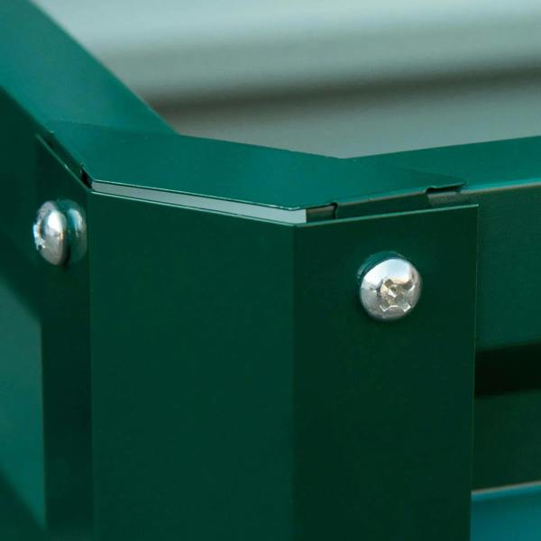 Green steel planter box corner with chrome bolts