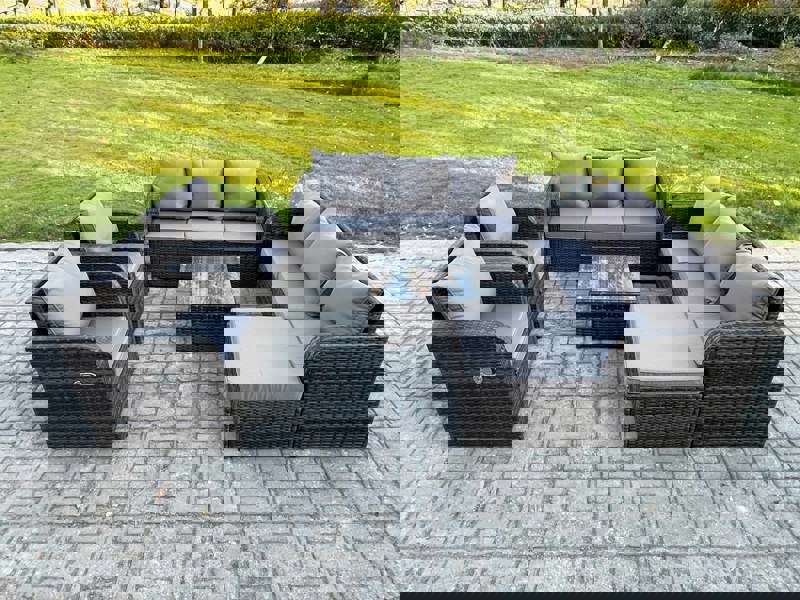 Fimous High Back Rattan Garden Furniture Set with Square Coffee Table Big Footstool Side Table Indoor Outdoor Patio Lounge Sofa Set Dark Grey Mixed