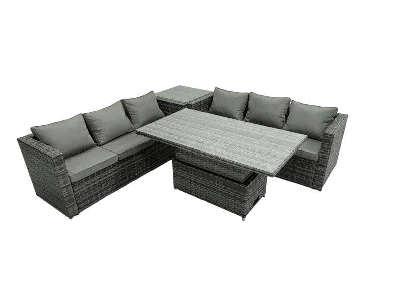 Fimous 6 Seater?Outdoor Rattan Sofa Set Adjustable Rising Lifting Dining Table Side Tea Coffee Table Dark Grey Mixed