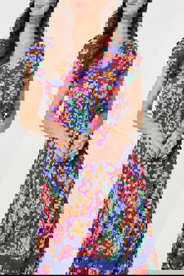 Blue | Ikat Print Lace Trim Midi Smock Dress
