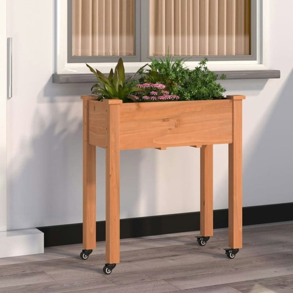 Berkfield Wheeled Planter with Liner Brown 71x37x80 cm Solid Wood Fir