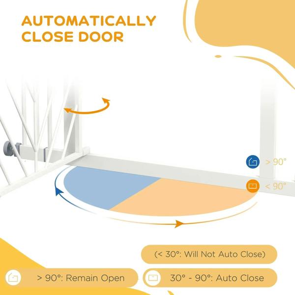 White dog stair gate with door area and automatic closing hinge diagram