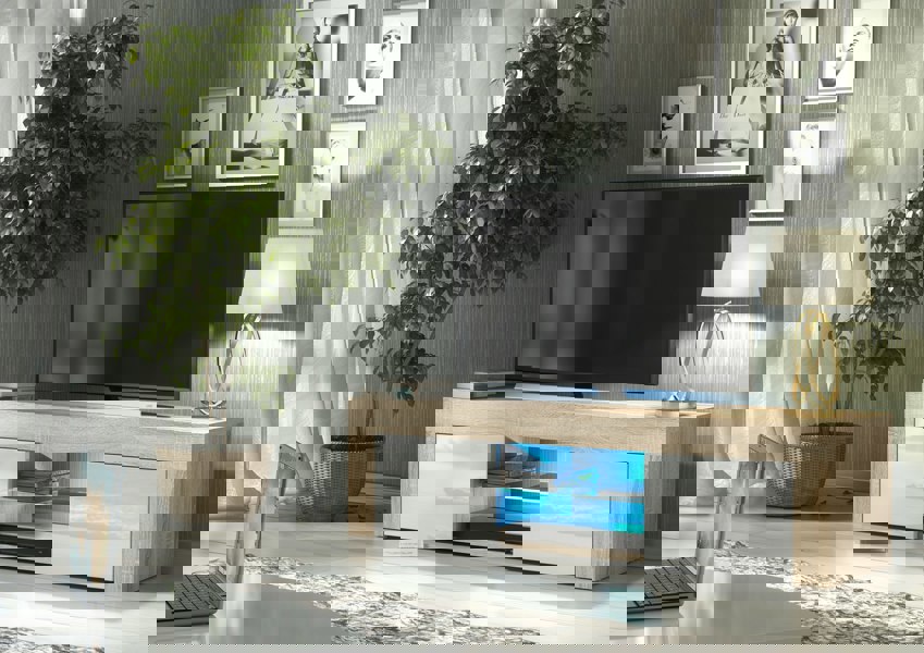 Mex Furniture Striking 130cm TV Unit Sideboard Cabinet with Black Matt Doors and Free LED Lights