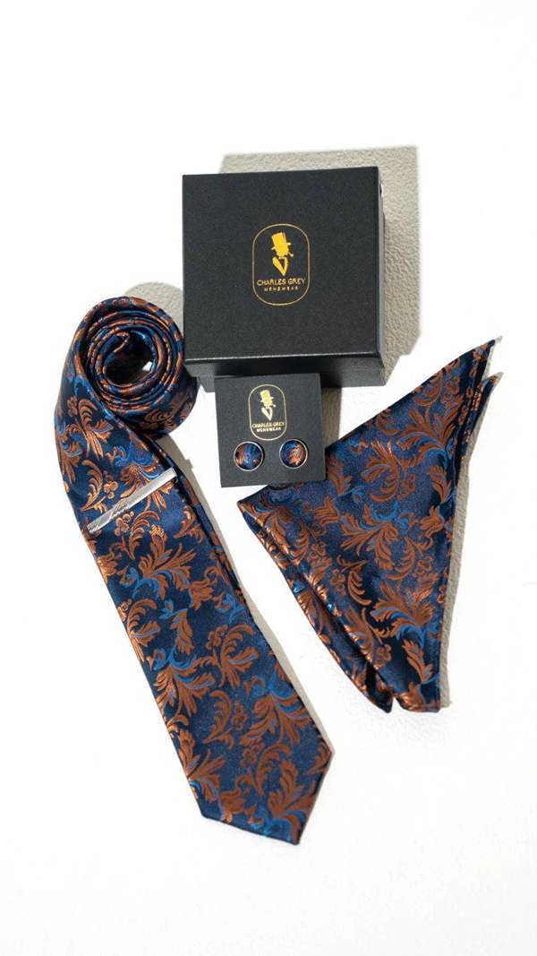 Charles Grey Floral Tie, Pocket Square, Cuff Link & Tie Clip Set - Navy & Copper