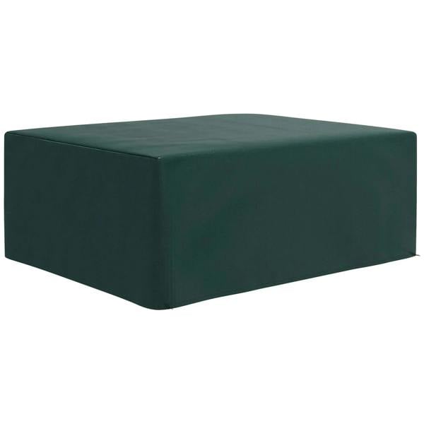 Dark green rectangular patio furniture cover with fitted corner shape.