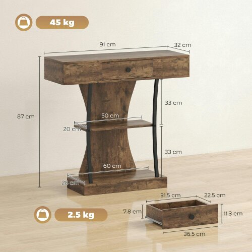 Wyld Haus Rasana Metal And Wooden Rustic Brown 3 Tier Console Table With Drawer And Shelves