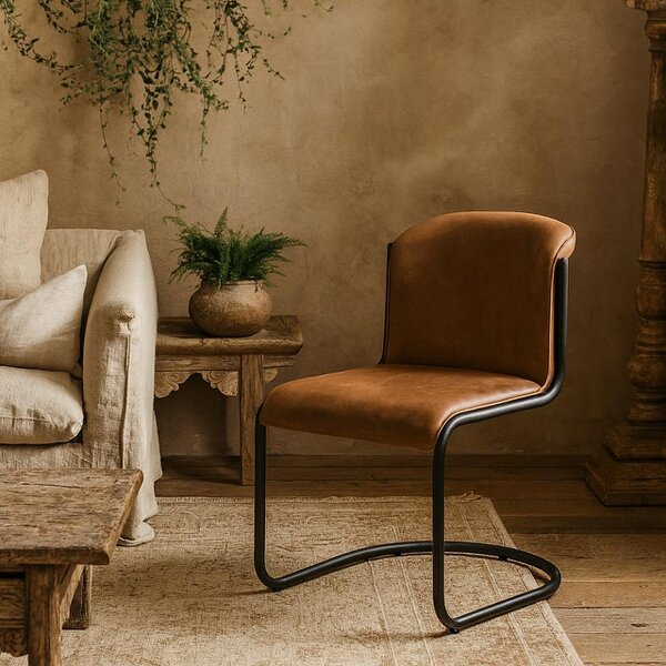 Wyld Haus Germain Arched Tan Brown Upholstered Leather Dining Chair