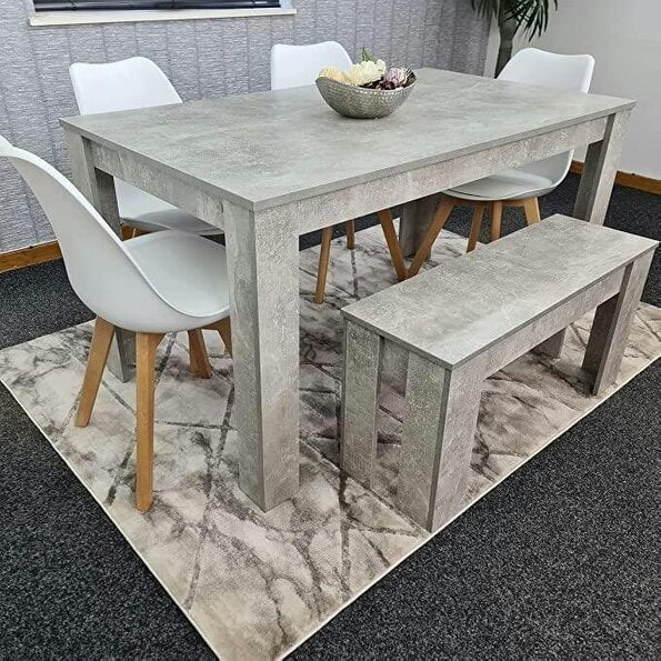 Kosy Koala Stone Grey Effect Wood Dining Table Set with Bench and 4 White Plastic Chairs ? Modern Dining Room Furniture
