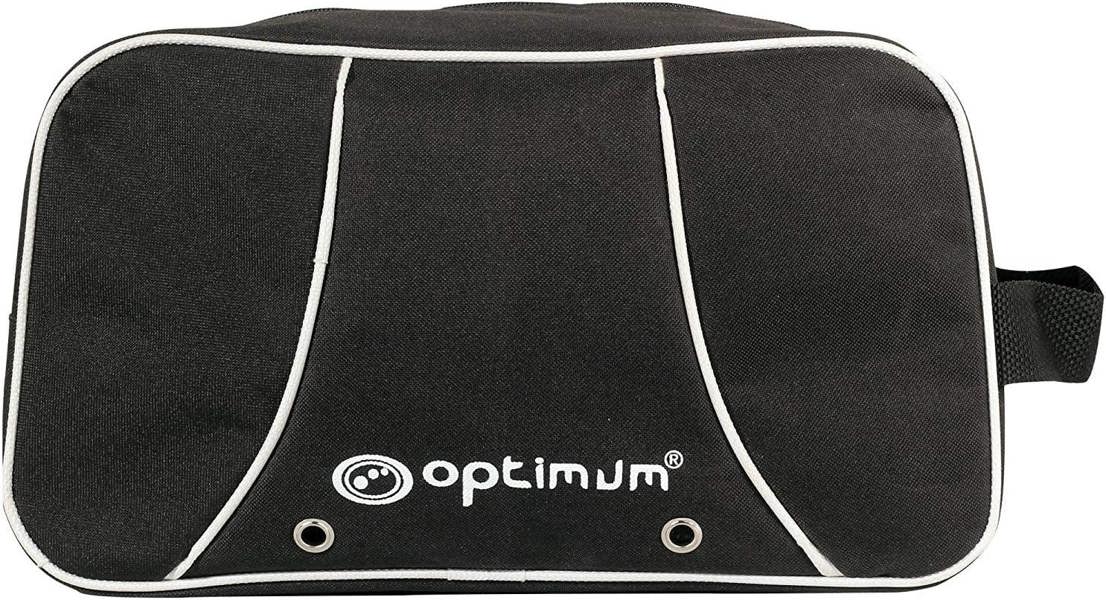 Black Optimum boot bag with white piping trim, logo, vent eyelets and side handle, on white - Optimum