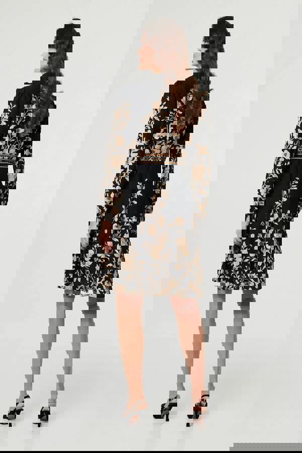 Black | Floral Tie Waist A-Line Knee Length Dress