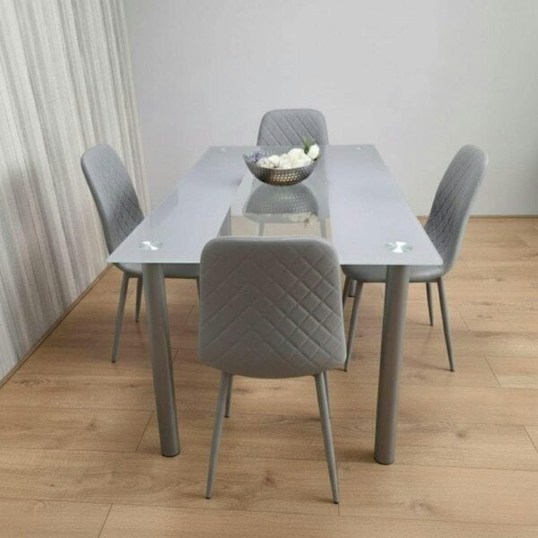 Kosy Koala Grey Glass Dining Table Set With 4 Grey Faux Leather Chairs Kitchen Dining Room Furniture