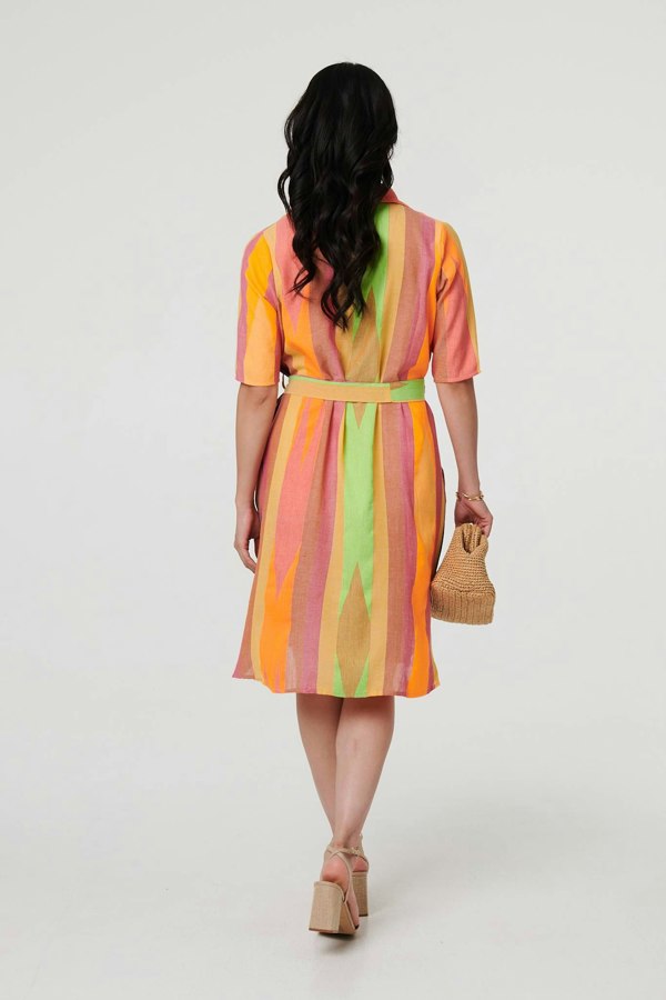 Green | Striped Knee Length Tie Waist Dress