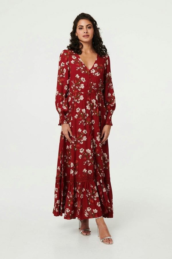 Red | Floral Long Sleeve Lace Trim Maxi Dress : Model is 5'8"/172 cm and wears UK8/EU36/US4/AUS8