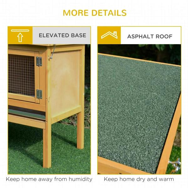 Elevated wooden base with green asphalt roof panel on small animal hutch