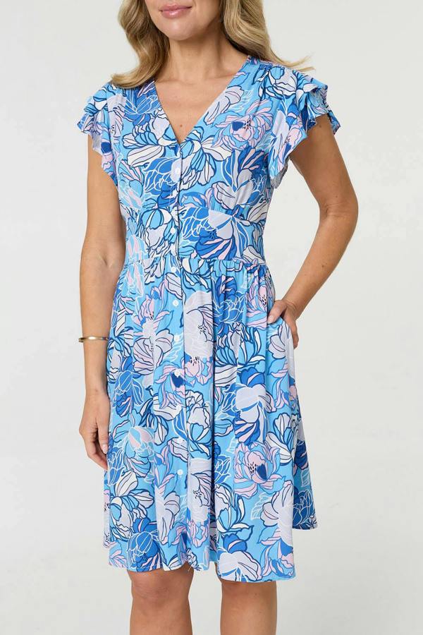 Blue | Floral Cap Sleeve Knee Length Dress