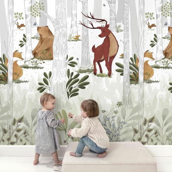 Grandeco Animal Kingdom Nursery Woodland Scene 3 panel repeatable Mural 1.59 x 2.8m, White