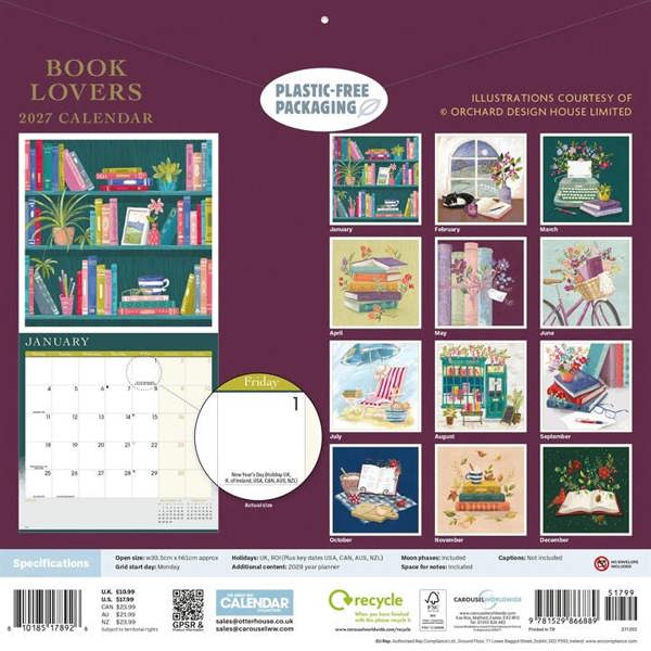 Book Lovers Calendar 2027, Wall Calendars, Month To View, History & Literature, Gift