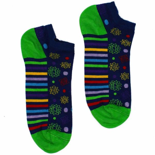 Bamboo low socks: dark navy with green toes, rainbow stripes, chakra symbols