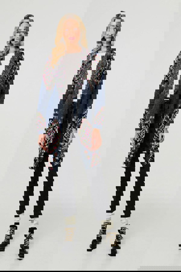 Blue | Aztec Print Longline Hooded Knit Jacket
