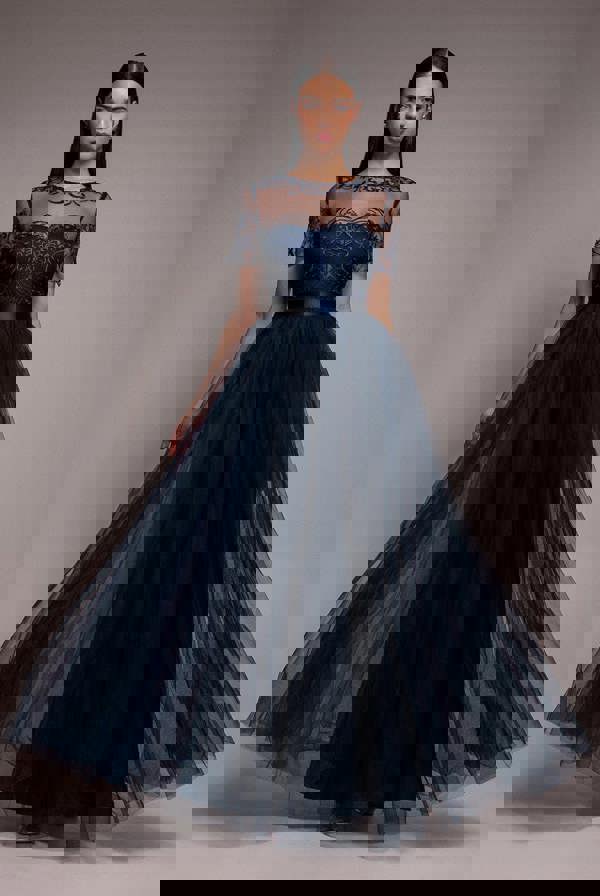 Embroidered Mesh Maxi Dress - Navy DR3584