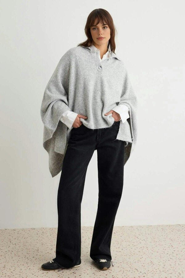 WOVCOR Soft Texture Polo Neck Sleeveless Cape Knit