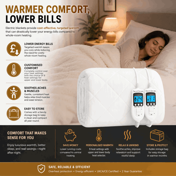Sweet Dreams Electric Blanket Double Size - Plush Fleece Quilted - 10 Timer & 9 Heat Settings - Overheat Protection
