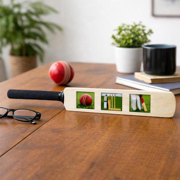 CRICKET-GIFTS Mini Bat Photo Frame ? 40cm Wooden Cricket Bat with 3 Passport-Style Photo Holders (Unvarnished or Finished)