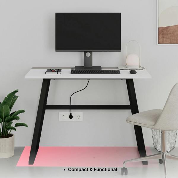 Decortie Modern Compact Rectangular Work Desk, Easy Assembly, suitable for Small Spaces, Robust Black Metal Legs, White,Mocha Grey